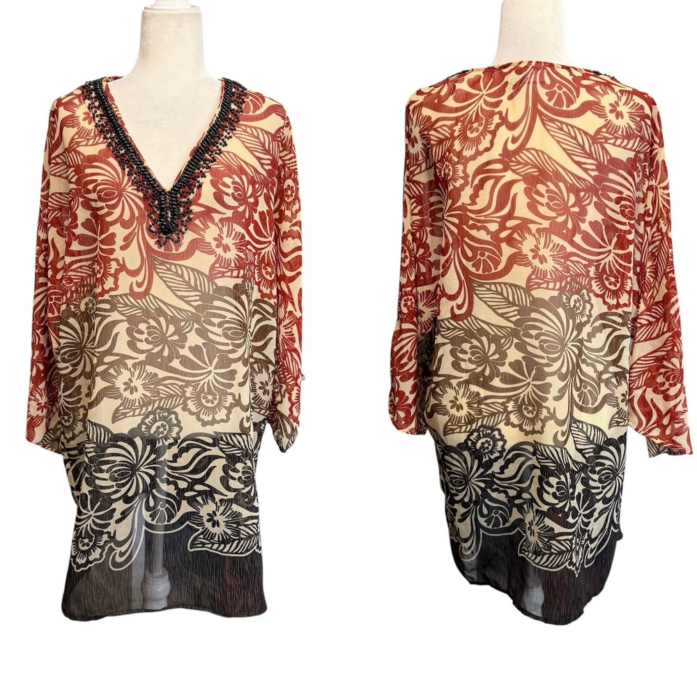 Womens XL Swim Coverup XL Floral Beaded V-Neck Kaftan Boho Sheer Swim Topper Vtg